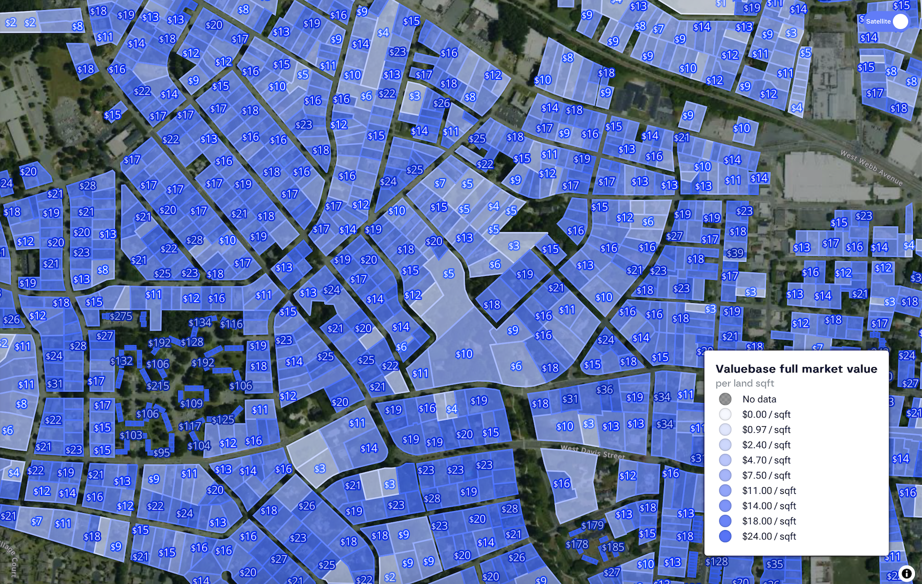 Valuebase parcel map with valuations